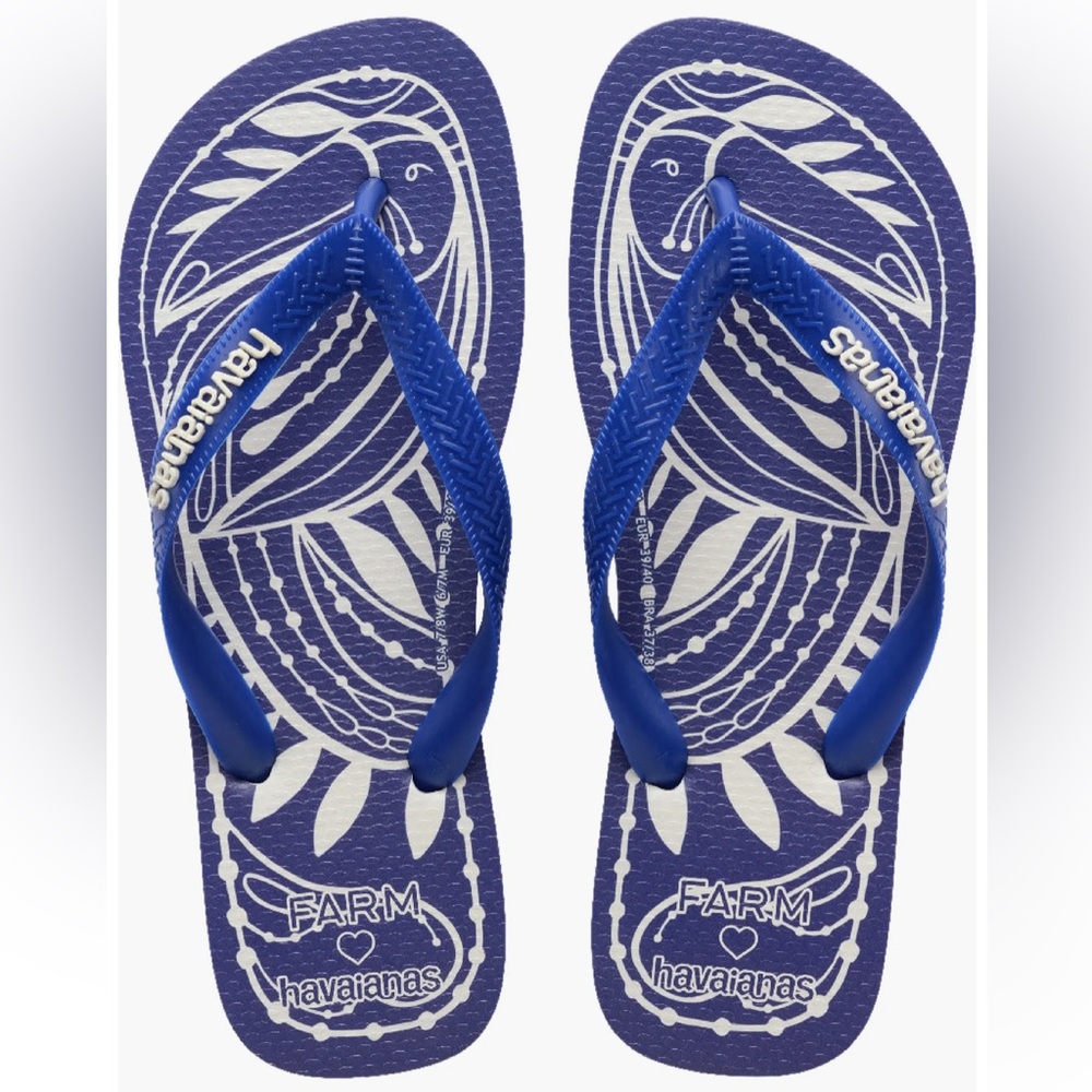 Havaianas X Farm Rio Lace Nature Blue Marine Printed Flip Flops Unisex 7/8W 6/7M